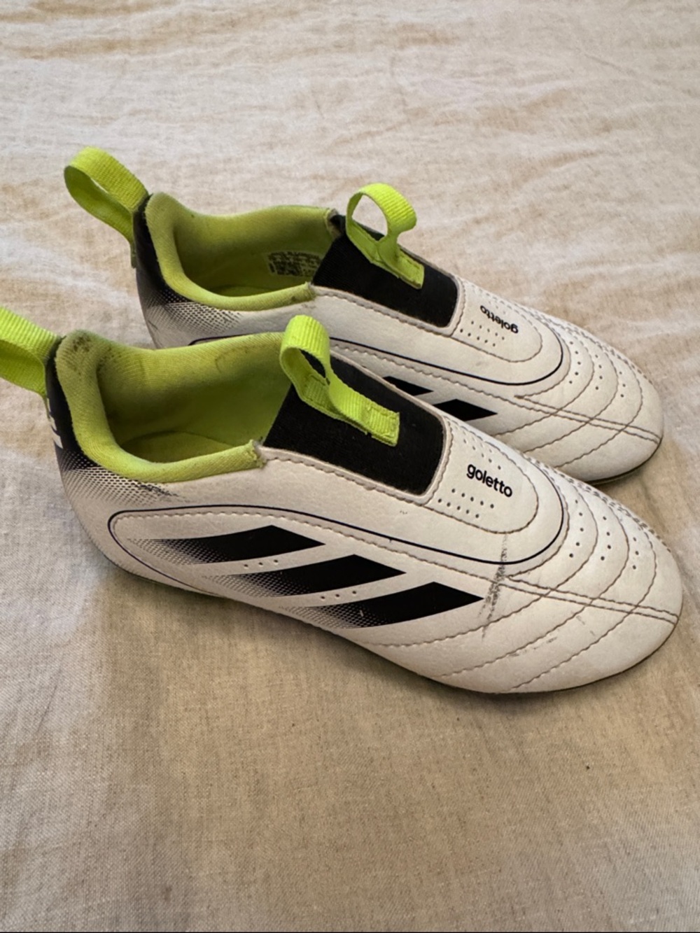 adidas Goletto Kids White and Neon Green Slip-On Soccer Cleats